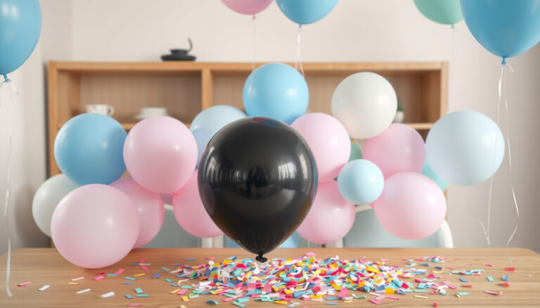 Gender reveal -juhlapöytä sinisillä ja vaaleanpunaisilla koristeilla sekä poksautettava ilmapallo konfettia varten