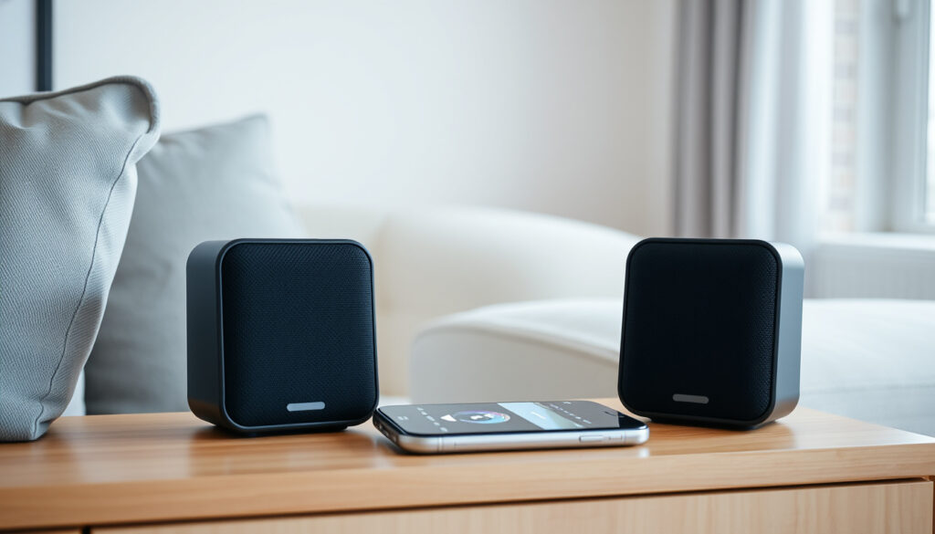 Kaksi langatonta Bluetooth-kaiutinta hyllyllä olohuoneessa, puhelin viereen asetettuna ja vasen sekä oikea kaiutin erikseen sijoitettuna stereotoistoa varten.