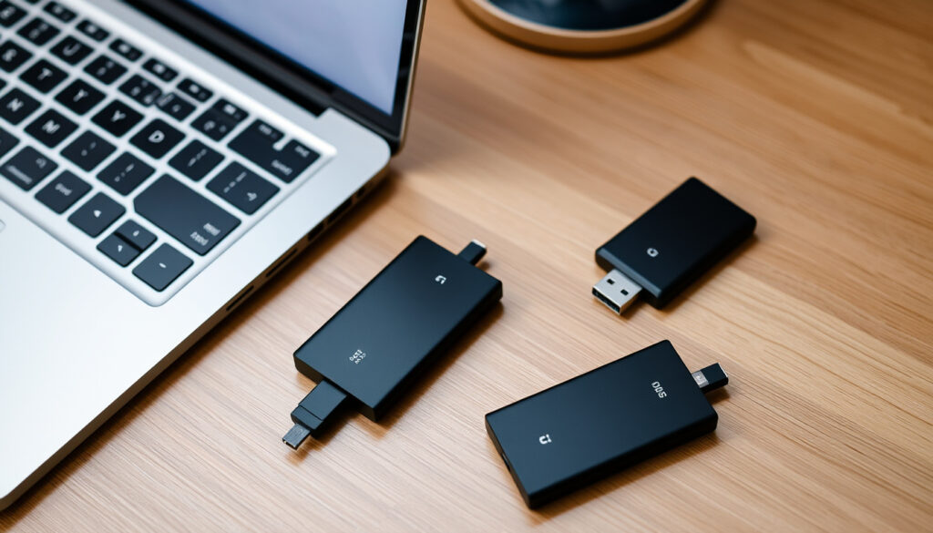 Pöydällä avatun kannettavan vieressä lepääviä kädessä pidettäviä ulkoisia SSD-levyjä, joista yksi on kytketty USB-C-kaapelilla tietokoneeseen.