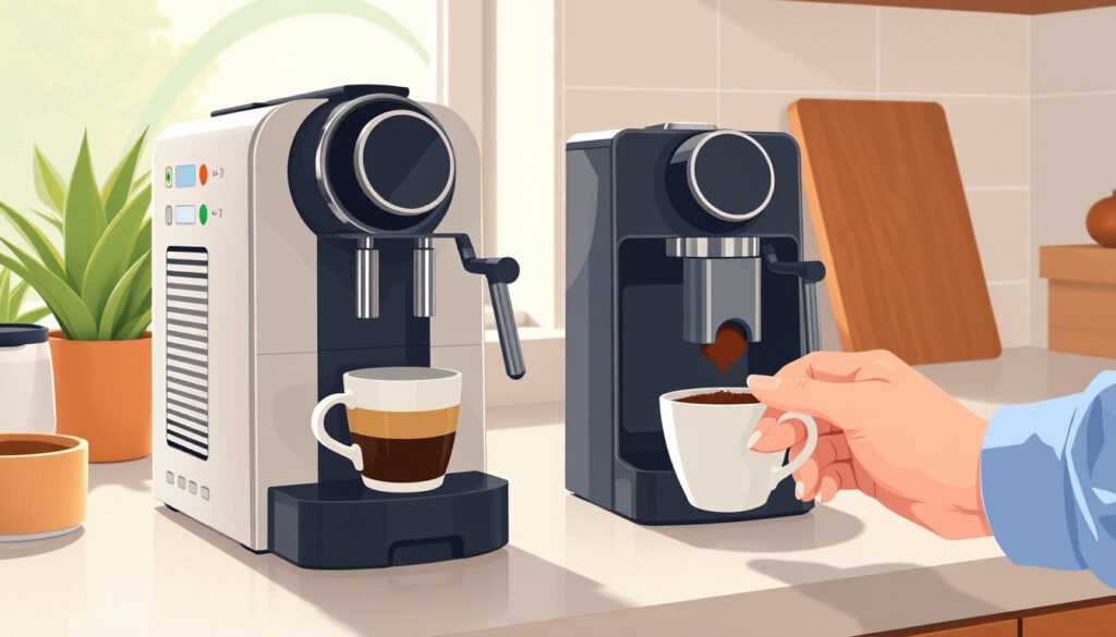Kotikeittiön työpöydällä espresso-kuppi ja kahvinvalmistusvälineet aamun valossa, koneen lisävarusteet ja mylly näkyvät käytön yhteydessä.