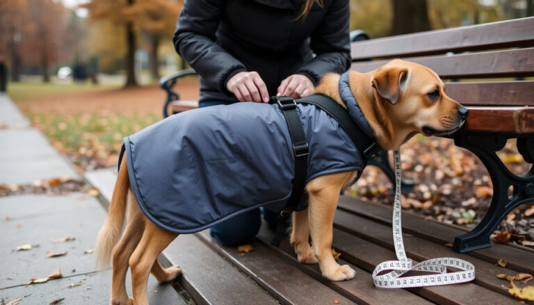 Koiran omistaja sovittaa sadekelellä valjailla ulkoilevalle koiralle takkaa ja mittaa sen selkäpitoutta mittanauhalla.