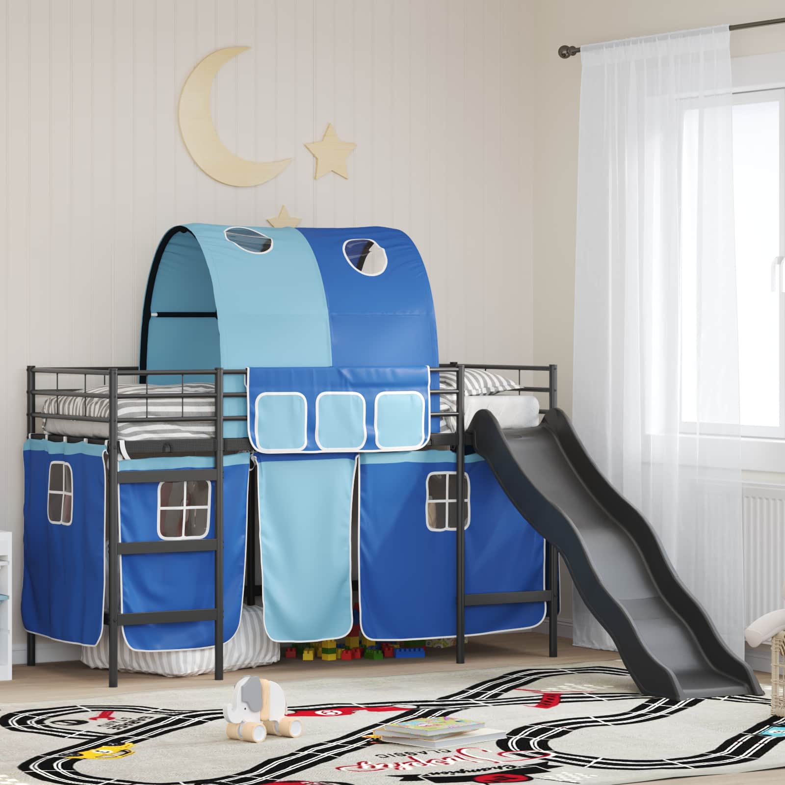vidaXL Lasten kerrossänkykehys verhoilla Musta ja Sininen 100 x 190 cm